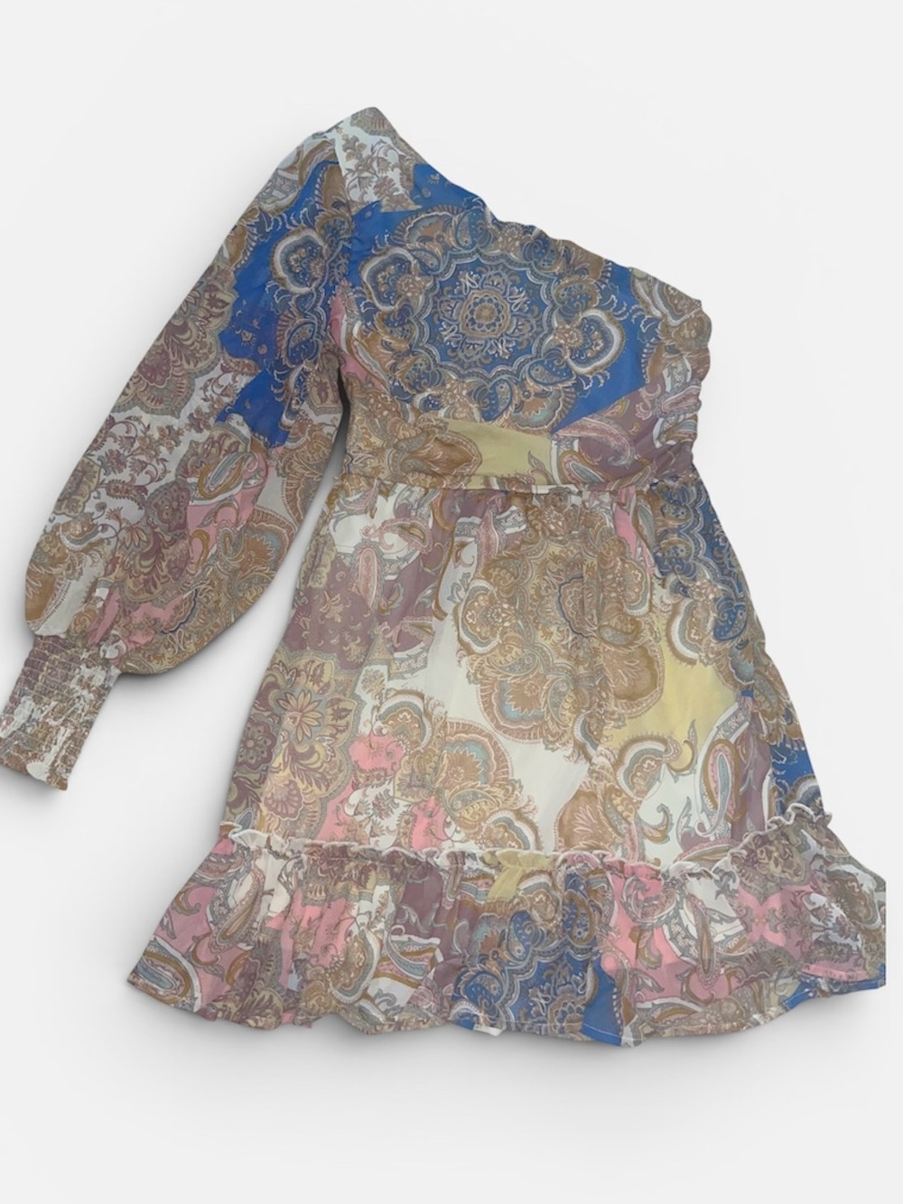 VENUS Blue, Cream & Brown Paisley One-Shoulder Dress